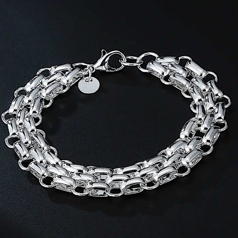 Sterling Silver Chain Link Cuban Mesh Lattice Stamped 925 Bracelet